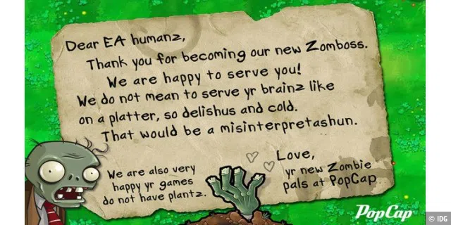 Die PopCap-Zombies begrüßen ihre neuen Herren von Electronic Arts.