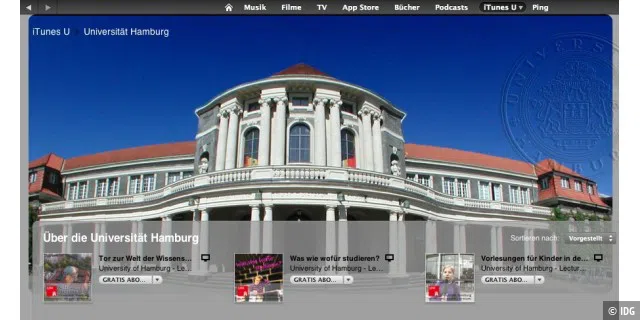 Hochschulen haben bei iTunes U eine Profilseite, wo Nutzer alle Inhalte und Informationen zur Uni finden.