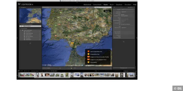 Gut gefällt die Karten-Ansicht. Lightroom 4 verwendet dazu Google Maps. Anhand der GPS-Infos kann Lightroom den Meta-Informationen auch die Ortsnamen zufügen.