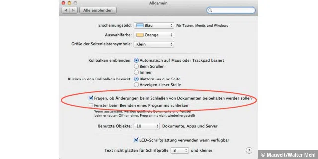 Über die automatische Sicherung von Dokumenten (bei Vorschau und Textedit) entscheidet man in den Systemeinstellungen von OS X Mountain Lion unter 