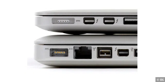Das Macbook Pro ohne Retina-Display (unten) ist der einzige Laptop von Apple, der noch einen integrierten Ethernet-Anschluss hat.