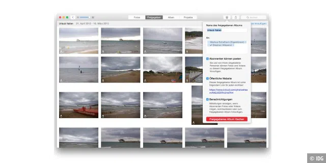 Ausgesuchte Fotos können Sie mit der iCloud Fotofreigabe mit Freunden teilen. Diese können darüber hinaus eigene Fotos und Kommentare zu Ihrem Stream hinzufügen, sofern sie ebenfalls einen iCloud-Account haben.