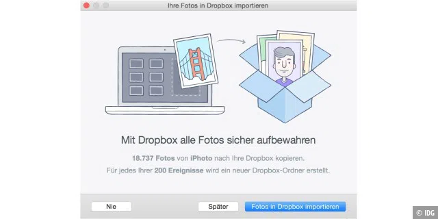 Dropbox bietet eine Funktion an, um eine komplette Sicherungskopie aller iPhoto-Bilder auf dem Cloud-Speicher anzulegen.