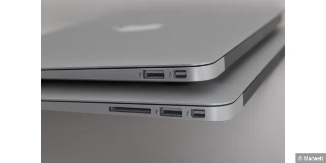 Rechts bietet das Macbook Air einen Thunderbolt- und USB-3.0-Anschluss, die 13-Zoll-Variante zusätzlich einen SD-Steckplatz