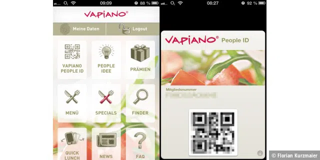 Links sehen Sie die Vapiano-App: einfach strukturiert können Sie hier das Menü einsehen oder Ihre People-ID an Passbook senden (rechts).