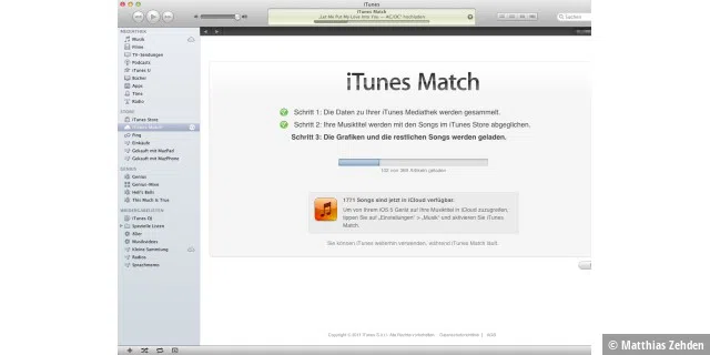 Die Aktivierung erfolgt in drei Schritten, wobei am Ende der Upload der im iTunes Store fehlenden Titel steht.