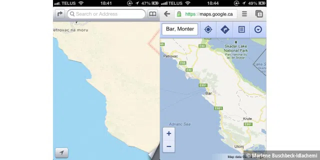 Montenegro erscheint unter iOS 6 als Terra incognita.