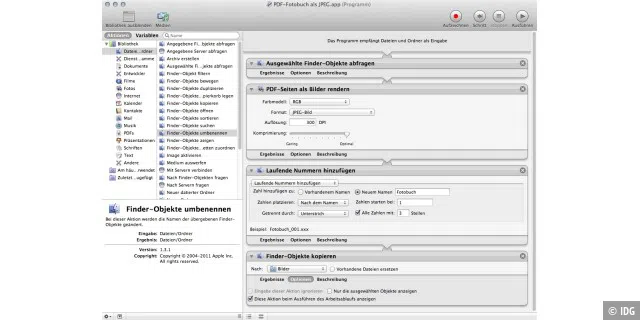Mit dem Programm Automator kann man leicht eine App erstellen, die jede Seite des PDF-Fotobuchs als JPEG-Datei speichert.