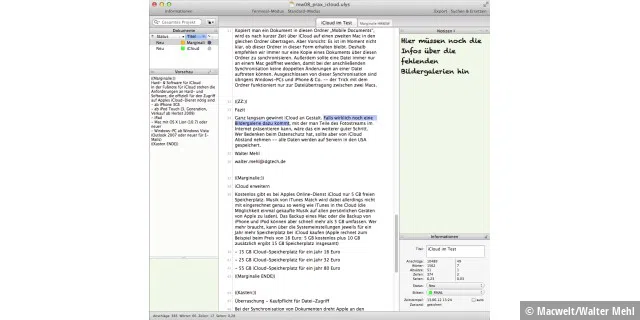 Ulysses 2 - ein Texteditor mit Notizen (rechts) und einem Überblick über andere Textabschnitte (links)