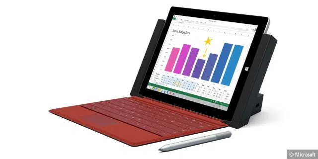 Surface 3: Das Zubehört auf einem Bild. Die Docking Station, das Type Cover und der Surface Pen.