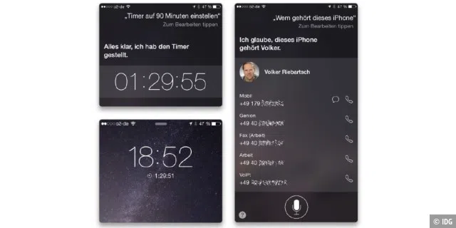 Den Timer im Sperrbildschirm aktivieren und den Countdown sehen. / Siri weiß, wem das iPhone gehört, nennt aber auch andere Kontakte.