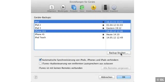 Am einfachsten löscht man alte Backups in iTunes über die Einstellungen. Hier werden alle gesicherten Geräte mit dem Datum des letzten Backups in einer Liste angezeigt.