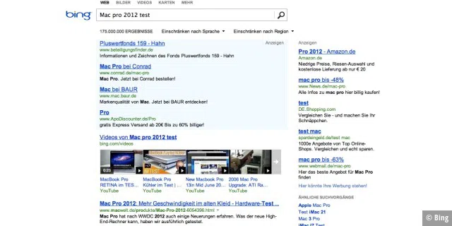 Bing zeigt ähnliche Suchergebnisse, aber etwas mehr Werbung als Google.