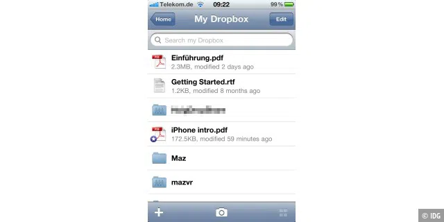 Der Dropbox-Client zeigt Dokumente und erzeugt Ordner.