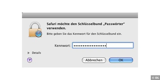 Mehrere Schlüsselbunde: Um sicher zu sein, dass bei eingeschaltetem Mac niemand an die Passwörter heran kommt, sollte man diese in einem separaten Schlüsselbund speichern.