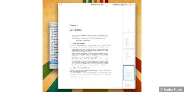 Das klassische Vorschau-Fenster wenn man die Quick Look-Funktion auf eine PDF-Datei anwendet. Um die kleinen Vorschaubilder rechts, sowie die Teilen-Funktion am oberen Bildschirmrand hat sich Apple bereits im 