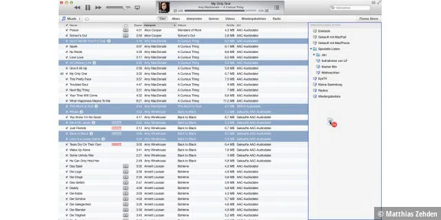 Bewegen Sie Titel, blendet iTunes rechts Ihre Listen ein. Für eine neue ziehen Sie die Auswahl in den leeren Teil.