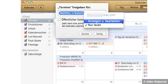 Sie können einen Kalender für andere Nutzer mit Apple-ID freigeben und gemeinsame Kalender nutzen.