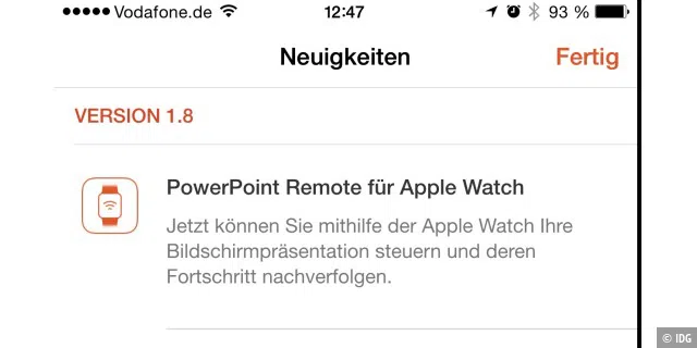 Mit der neue Version der PowerPoint-App kann man Präsentationen auf dem iPhone nun auch per Apple Watch steuern.
