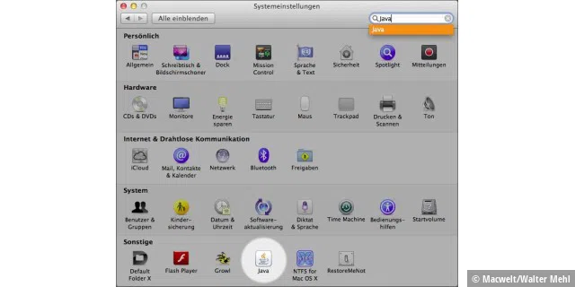 Ab OS X Mountain Lion muss man die Konfiguration von Java (falls installiert) in den Systemeinstellungen starten.