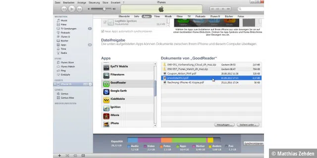 Über iTunes Dateifreigabe lassen sich Dokumente einiger Apps direkt vom iPhone auf den Rechner kopieren.