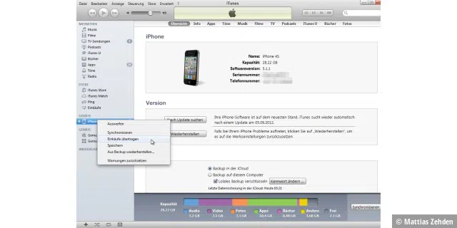 Übertragen Sie zunächst zur Sicherheit alle Einkäufe vom iPhone in die iTunes Mediathek des Rechners