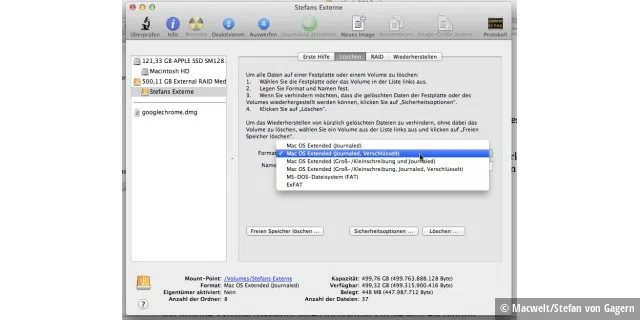 Im Festplatten-Dienstprogramm von OS X Mountain Lion kann man wählen, dass eine neu eingerichtete Festplatte (oder ein USB-Stick) verschlüsselt werden soll.