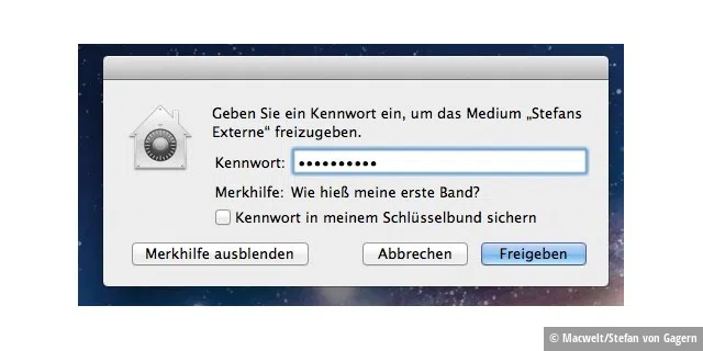OS X Mountain Lion fragt nach dem Kennwort, wenn man eine Festplatte oder einen USB-Stick anschließt, der zuvor verschlüsselt wurde