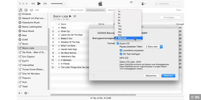 Voreinstellung: Vor dem Brennen einer Audio-CD mit iTunes sollte man die Voreinstellungen überprüfen.
