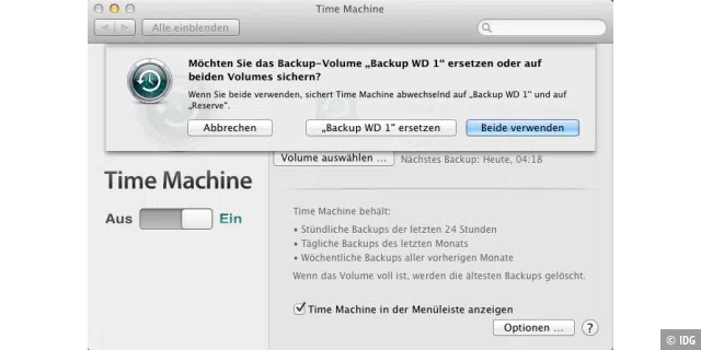 Sind mehrere Volumes für das Backup bestimmt, sichert Time Machine die Daten abwechseld auf beide Laufwerke.