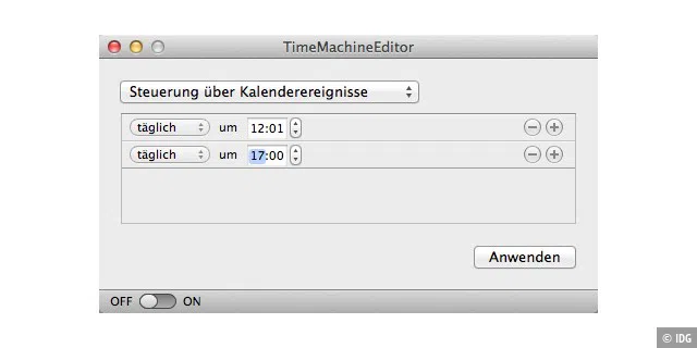 Störende Backups kann man mit Time Machine Editor auf die Mittagszeit verschieben.