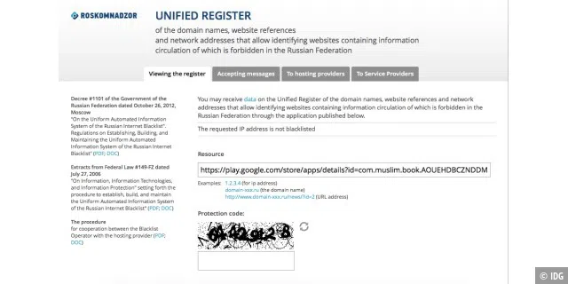 Auf dieser Service-Seite der russischen Internet-Behörde kann man überprüfen, ob eine Web-Seite gesetzlich gesperrt ist.