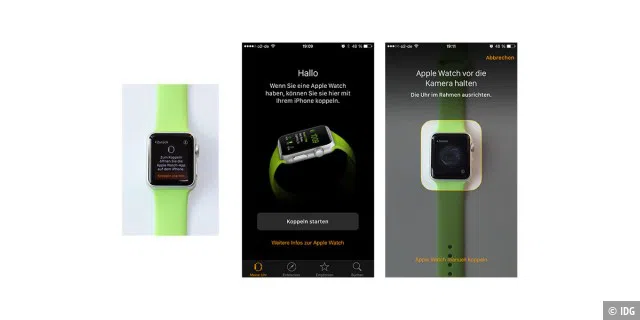 Zur Kopplung tippt man auf der Apple Watch und in der gleichnamigen iPhone-App auf „Koppeln starten“. Dann hält man die Uhr so vor die Kamera, dass der Pixelcode den eingeblendeten Rahmen ausfüllt.