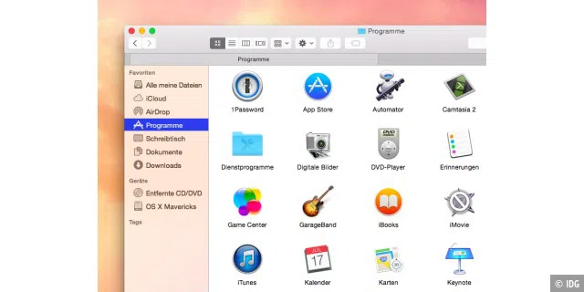 Neben der Transparenz hat der Finder auch ein neues Icon und an iOS 7 angelehnte Schaltflächen spendiert bekommen.