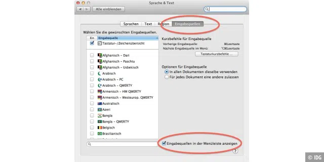 Die Eingabequellen unter OS X sind für unterschiedliche Tastaturlayouts zuständig.