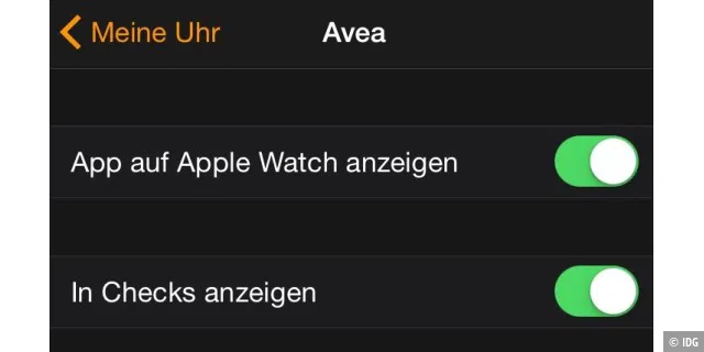 Wie bei anderen Apps auch, die die Apple Watch unterstützen, ist in der Einstellung festzulegen, dass die Avea-App auf der Smartwatch angezeigt wird, mit „Checks“ werden wichtige Infos zentral eingeblendet.