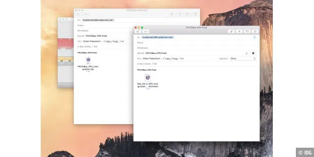 Für VPN-Benutzer mit Mac (im Bild) und für solche mit iPhone oder iPad werden die angelegten Profile automatisch per Mail versendet, dazu eine Mail mit den Zugangsdaten im Textformat.
