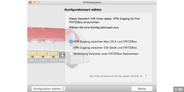 Beim VPN Assistent wählen Sie die VPN-Einrichtung für Mac oder iOS-Gerät.