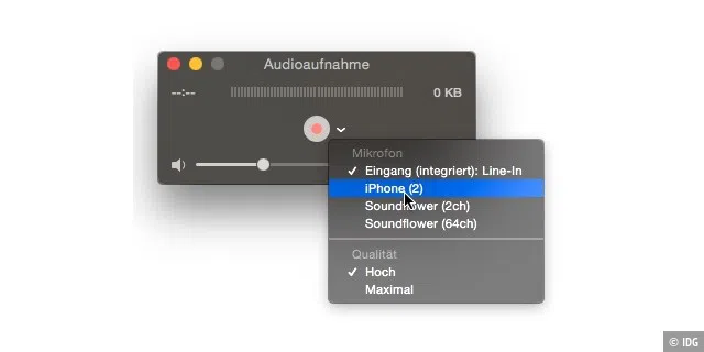 Über das Auswahlmenü des Quicktime Player bestimmen Sie das Aufnahmegerät. Wählen Sie hier „iPhone“ (bzw. „iPad“).