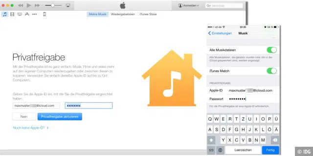 Erst aktivieren Sie die Privatfreigabe in iTunes, dann tragen Sie die gleiche Apple-ID in den Musikeinstellungen auf dem iPhone ein.