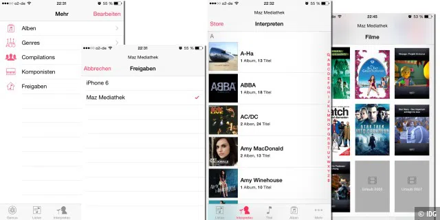 In der iOS-App Musik tippen Sie unten rechts auf „Mehr“ und dann auf „Freigeben“. Danach können Sie von der lokalen Mediathek zur Privatfreigabe wechseln. Haben Sie die Privatfreigabe aktiviert, blenden die Apps Musik und Videos oben deren Namen ein. Sie können Musik, Filme und TV-Serien aus der Mediathek direkt vom Rechner auf das iPhone streamen.