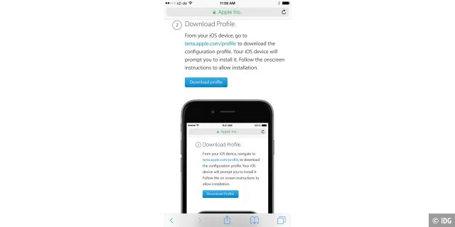 Nach der Anmeldung im Betaprogramm über den Mac rufen Sie am iOS-Gerät die URL beta.apple.com/profile und installieren das Apple-Profil.