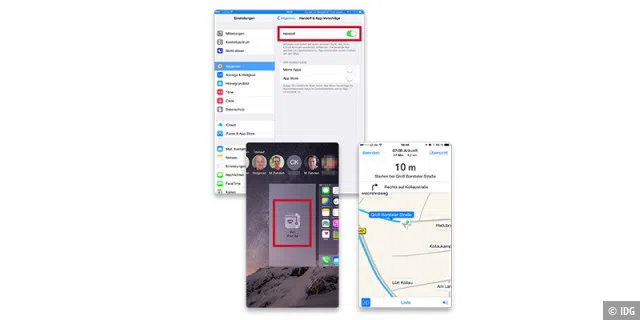 Aktivieren Sie auf dem iPad Handoff (links), können Sie die aktive Navigation zum Beispiel auf dem iPhone übernehmen. Tippen Sie dort im App-Umschalter auf das Handoff-Feld, um Karten zu öffnen (unten).