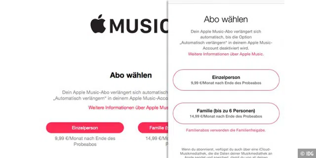 Das Probeabo für Apple Music lässt sich in iTunes am Mac oder am iOS-Gerät abschließen - auch die Familienversion