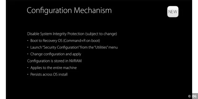 System Integrity Protection kann auch deaktiviert werden. Dazu fährt man den Mac in die Wiederherstellungspartition hoch, und wählt das neue Sicherheitskonfigurationsprogramm aus. Der Schutz ist anschließend systemweit deaktiviert, und bleibt dies auch bis zur erneuten manuellen Aktivierung.