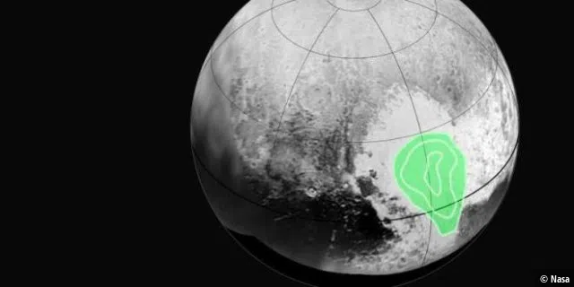 Das Herz von Pluto. Dieses Herz nannten die Wissenschaftler Tombaugh Regio, darin befindet sich die Sputnik-Ebene , eine eisförmige Struktur an der Oberfläche. Mit gefrorenem Kohlenmonoxid.