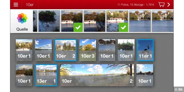 Mit der Cewe-App lassen sich in einem Rutsch Fotos in unterschiedlicher Anzahl und Größe bestellen.