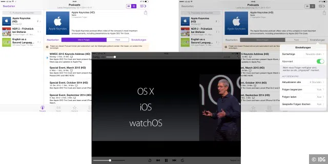 Apple bietet die Keynotes als Podcast an. Zum Download tippen Sie auf das Cloud-Symbol. Zur Wiedergabe tippen Sie auf den Titel. Der lässt sich auch direkt streamen. / Die Videos der Keynotes sind recht groß. Um Platz zu sparen, können Sie über die Einstellungen alle bis zum Ende gesehenen Folgen automatisch löschen lassen.
