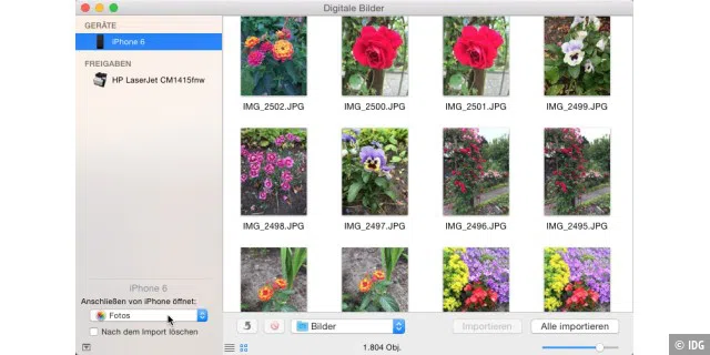In Digitale Bilder können Sie anstelle von Fotos eine beliebige andere App wählen, die beim Anschluss einer Kamera geöffnet werden soll.