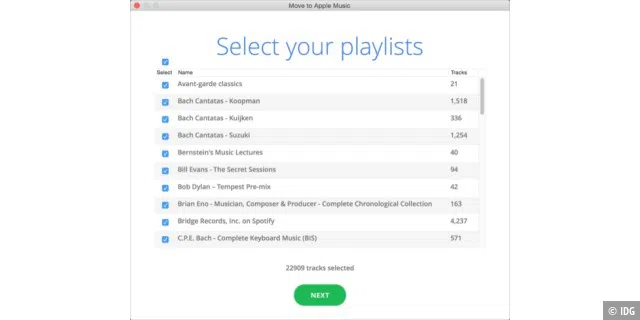 Hier wählt man die für die Übertragung zu Apple Musik gewünschten Wiedergabelisten aus.